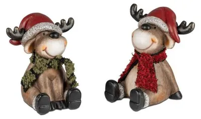 Produktbild von Elch Rentier Figuren 12cm sitzend  mit Schal 2 Stück im Set - Weihnachten Dekoration