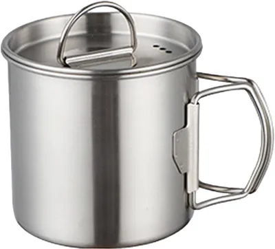 Produktbild von Campingbecher aus Edelstahl, 500 ml - Faltbarer Griff - Deckel/Becheraufsatz - Für den Außenbereich/Camping - Wandern/Backpacking - Platzsparend - Campingbecher