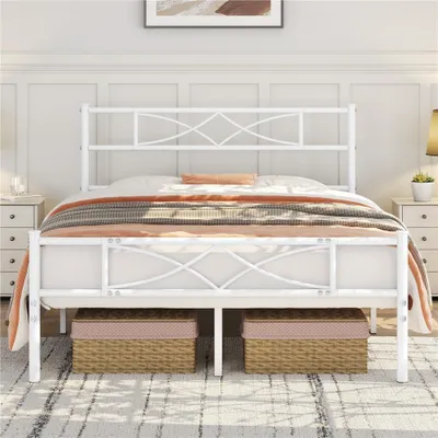 Produktbild von Yaheetech Metallbett Bettgestell 140 x 200 cm, Bettrahmen mit Flügelmuster Kopfteil, Weiß