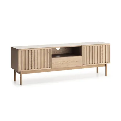 Image de BEAUTYSOFA | Meuble TV SAPPORO aspect Cremona, meuble avec un tiroir et deux portes, façade à lamelles 3D, système « push-to-open » | Moderne et fonctionnel