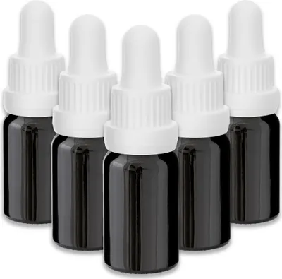 Produktbild von 5x Glasflasche schwarz 10 ml mit weißer Pipette Tropfflaschen leer Set