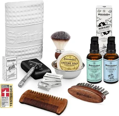 Produktbild von All-in-one Set Rasur & Bart - Rasierhobel Silber – Lederetui Schwarz - Rasierset / Bartpflege Set Herren - Geschenkidee Herren - Bartpflegeset