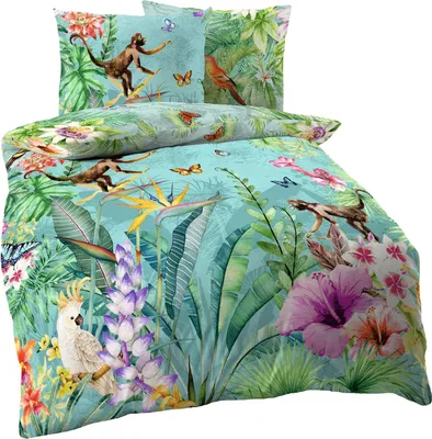 Produktbild von Kaeppel Mako Satin Digitaldruck Bettwäsche 2 tlg. Äffchen Dschungel Kakadu Schmetterling Bunt Urwald, Größe:135x200cm Bettwäsche