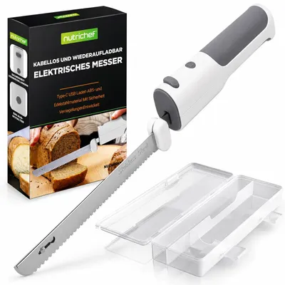 Zdjęcie produktu dla Elektryczny nóż kuchenny Nutrichef – nóż akumulatorowy z ostrzami ze stali nierdzewnej, USB-C, ostrza ze stali nierdzewnej 11,42″, biały