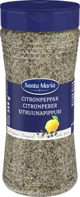 A bottle of Santa Maria Citronpeppar (lemon pepper) seasoning.