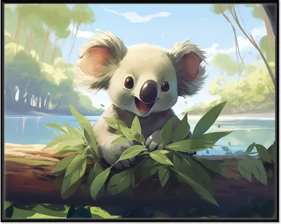 Produktbild von Wallario Wandbild Australische Idylle: Der lächelnde Koala, Größe: 40,30 x 50,30 cm, Poster mit schwarzem Aluminiumrahmen