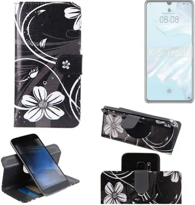 Produktbild von K-S-Trade Schutzhülle Handyhülle kompatibel mit Huawei P30 Pro Hülle 360° Wallet Case ''Flowers'' Klapphülle Hülle schwarz-weiß 1x