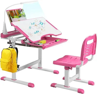 Image de Ensemble de bureau pour enfants avec étagère à livres et éclairage LED, bureau et chaise enfant réglables en hauteur, avec plateau inclinable et tiroir. Bureau pour enfants, idéal pour les garçons et les filles (rose)
