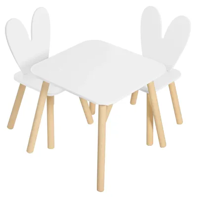Produktbild von Kindertisch mit 2 Stühlen - Aktivitätstisch-Set - Kiefernholz - Quadratisch - Weiß - Tisch 49,5 x 49,5 x 47 cm - Stuhl 29,5 x 29,5 x 60 cm
