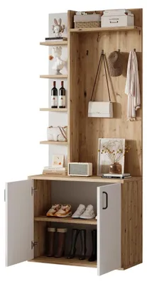 Obrázok produktu pre Skriňa do predsiene s úložným priestorom na topánky – nábytok do predsiene – 75 × 33 × 180 cm – 5 priehradiek – vešiačky – robustná drevená konštrukcia – prírodné drevo a drevotrieska