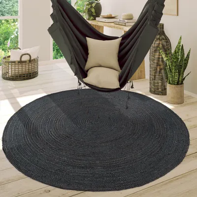 Produktbild von Teppich Rund Wohnzimmer Jute Boho Ethno Muster Modern Handgefertigt Naturteppich Grösse Ø 100 cm Rund