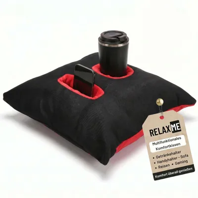 Produktbild von Relax-ME Kissen mit Tablet- & Getränkehalter, Sofakissen mit Handyhalter, Perfekte Geschenkidee, Schwarz-Rot, 40x40 cm