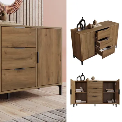 Image de Commode à 2 portes et 3 tiroirs, chêne foncé, étagère réglable, buffet bas et buffet haut pour la chambre à coucher et le salon, 120 x 40 x 76 cm