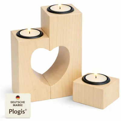 Image de Lot de 3 bougeoirs en bois en forme de cœur