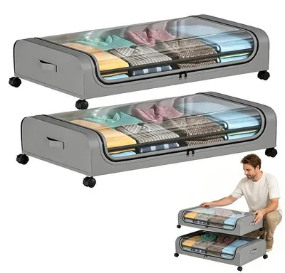 Immagine prodotto di Set da 2 comodini sottoletto con ruote, coperchio trasparente, protezione antipolvere, stile Oxford, dimensioni 80x44x16 cm. Ideali per riporre vestiti e scarpe. Colore: grigio