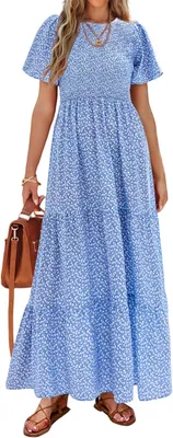 Productafbeelding van Maxi-jurk met bloemenprint, gesmokt lijfje en korte fladdermouwen voor dames, luchtig zomermodel