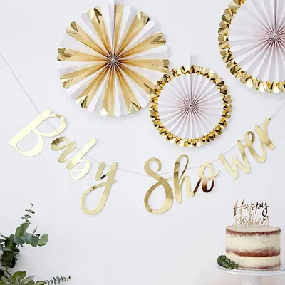 Produktbild von Buchstabengirlande „Babyshower“ Gold – (150 cm)