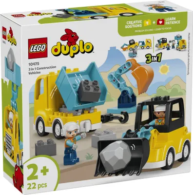 Produktbild von LEGO DUPLO 3-in-1 Baufahrzeuge - Pädagogisches Montessori Spielzeug für Kleinkinder mit Lastwagen, Bagger und Radlader - Geburtstagsgeschenk für Jungen und Mädchen ab 2 Jahren - 10475