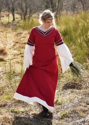 Produktbild von Mittelalterkleid Alvina, rot/natur mit Stickerei - Mittelalter Wikinger LARP Kleid Kostüme Damen Größe: S