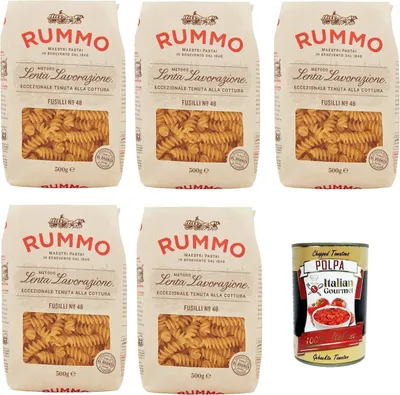 Produktbild von Rummo Fusilli n° 48 Pasta Lenta Lavorazione Teigwaren aus Hartweizengrieß Bronze-Zeichnung 5x 500g + Italian Gourmet polpa 400g
