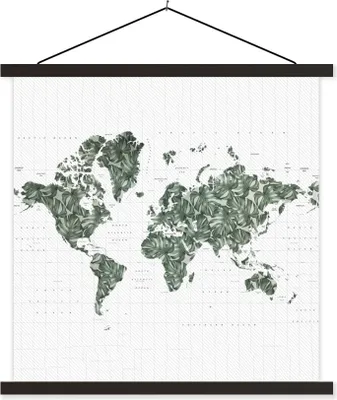 Produktbild von MuchoWow® Textilposter Weltkarte - Grün - Blätter 120x120 cm mit schwarzem Rahmen - Aufhängungsset