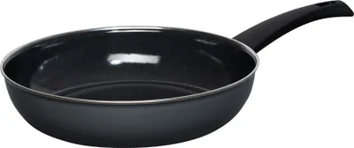 A dark grey frying pan with a black handle is shown against a white background.