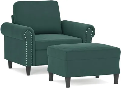 Produktbild von Dunkelgrüner Sessel mit Hocker – moderner Relaxsessel aus Samt mit Metallbeinen, Polstersessel für Wohnzimmer und Schlafzimmer, Fernsehsessel mit Fußhocker, 92 x 77 x 80 cm