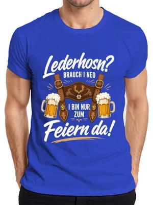 Productafbeelding van Lederen kniekousen, die heb ik niet nodig. Ik ben er alleen om te feesten. Lederen broek, dirndl, heren T-shirt, blauw, maat S