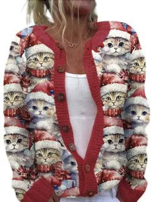 Produktbild von ASKSA Damen Weihnachts Strickjacke Weihnachtsjacke Weihnachten Cardigan Reindeer Weihnachtsmann Weihnachtspullover Sweat,A-Rot,M