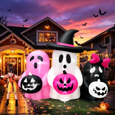 Aufblasbare Halloween-Deko, 3 Geister mit Kürbissen, rosa-schwarz, 6FT