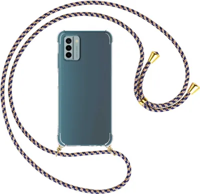 A smartphone with a clear case and a braided lanyard is shown against a white background.