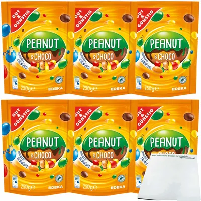 Produktbild von Gut & Günstig Dragierte Erdnüsse bunt mit Schokolade 6er Pack (6x250g Packung) + usy Block