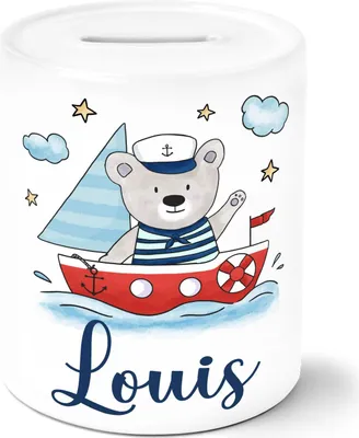 Produktbild von Kinder Spardose personalisiert mit Name Bär Boot Segelboot Sparschwein Keramik personalisierte Geschenke SpecialMe® weiß Spardose