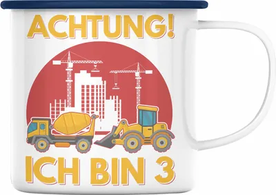 Produktbild von Trendation - Achtung Ich Bin 3 Emaille Tasse Geschenk 3-Jähriger Junge Bagger Geschenkidee Sohn (Blau)