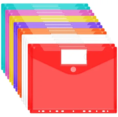 Image de Lot de 15 chemises pour documents A4, 7 couleurs, pochettes à fermeture velcro, imperméables, 11 perforations, adaptées à l'archivage, avec pochette pour étiquette permettant d'organiser les documents.