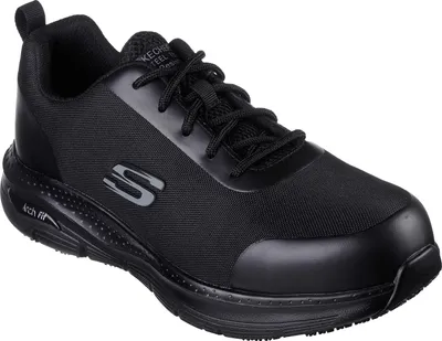 A single black Skechers safety sneaker is shown from a side-diagonal angle against a white background.