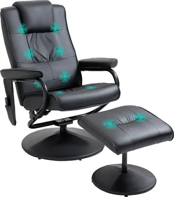 Produktbild von Massagesessel mit Hocker, Drehbares Relaxsessel mit Massagefunktion, Elektrisches Fernsehsessel mit Liegefunktion, Fernbedienung für Wohnzimmer, Kunstleder, Schwarz