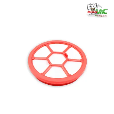 A red circular filter with a hexagonal pattern inside, on a white background. A logo is visible in the top right corner.