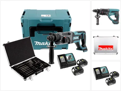 Immagine prodotto di Trapano a percussione a batteria Makita DHR 241 RTJ 18 V Li-Ion con attacco SDS-Plus in Makpac + 2x batteria BL 1850 B 5,0 Ah + caricatore rapido DC 18 RC + set di punte Makita D-42444 SDS-Plus 17 pezzi in valigetta di alluminio
