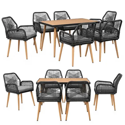 Produktbild von Garten Sitzgruppe mit Tisch und 6 Stühlen – wetterfest – Seilgeflecht – WPC Esstisch – Sitzkissen – Outdoor Essgruppe - anthrazit/holz
