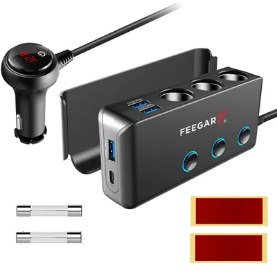 A car charger adapter with multiple USB ports and cigarette lighter sockets, along with its power adapter and fuses.