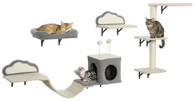 Productafbeelding van PawHut Klimmuur voor katten, 4-delig. Klimmuurset voor katten met krabplank en bed