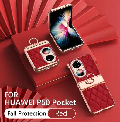 Produktbild von Leder Hülle für Huawei P50 Pocket mit Ringhalterung, Luxus Glitzer Bling Überzug Scharnierschutz Handyhülle Rot