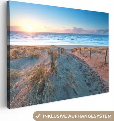Produktbild von MuchoWow® - Leinwandbilder - Strand - Meer - Sonne - Düne, Wandbild, Wanddeko Bilder Wohnzimmer, 120x90cm