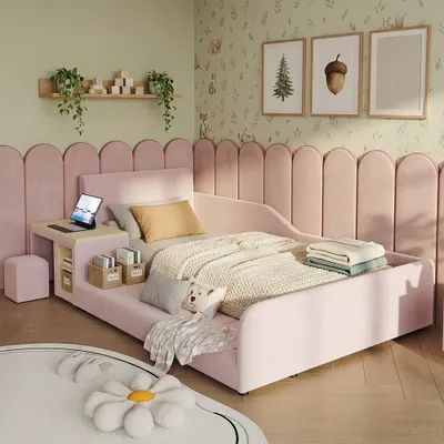 Productafbeelding van Kindereenpersbed in fluweel, met geïntegreerd bureau en krukje, zachte hoofdbord, opbergplank, houten lattenbodem, kleur roze, afmetingen 90x200 cm