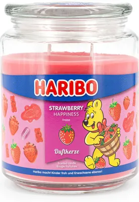 Produktbild von Haribo™ Duftkerze Strawberry Happiness, 2 Dochte, HxD: 13 x 10 cm, 100h Brenndauer, Kerze im Glas, Erdbeer & Orange, rot