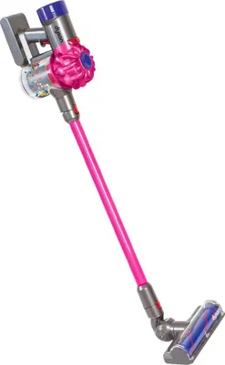 A pink and gray Dyson toy vacuum cleaner is shown against a white background.