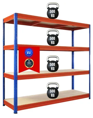 Produktbild von Schwerlastregal DINO | HxBxT 180x200x60cm | 4 Spanplatten-Ebenen 16mm | Fachlast 500kg | Blau/Orange