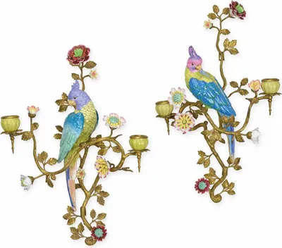 Produktbild von Casa Padrino Jugendstil Wandkerzenhalter Set Papageien Bunt / Messing H. 51 cm - Wanddeko