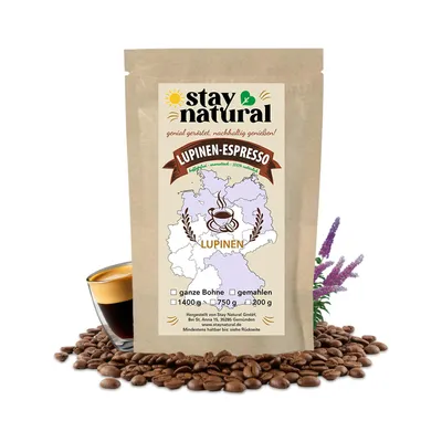 Produktbild von Stay Natural Lupinenkaffee Espresso gemahlen 750g – Koffeinfreier Kaffee, natürliche Kaffeealternative regional aus Deutschland, dunkel geröstet& voller Geschmack, vegan & glutenfrei
